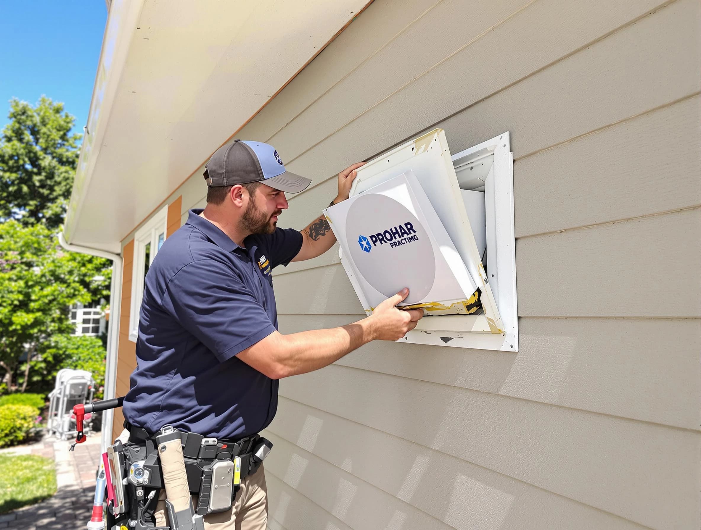 Brentwood Dryer Vent Cleaning technician installing a new protective dryer vent cover on a home in Brentwood