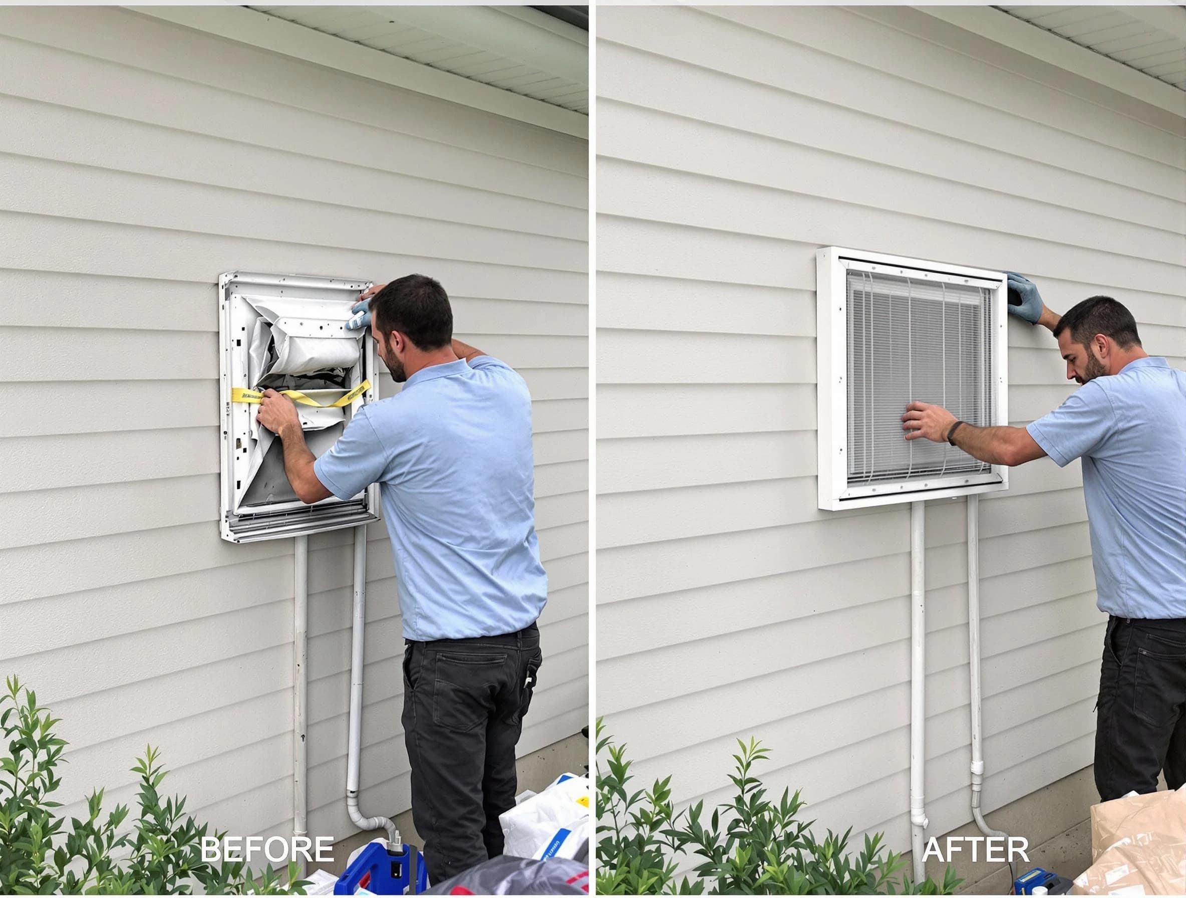 Brentwood Dryer Vent Cleaning technician installing high-quality dryer vent cover at a residential property in Brentwood