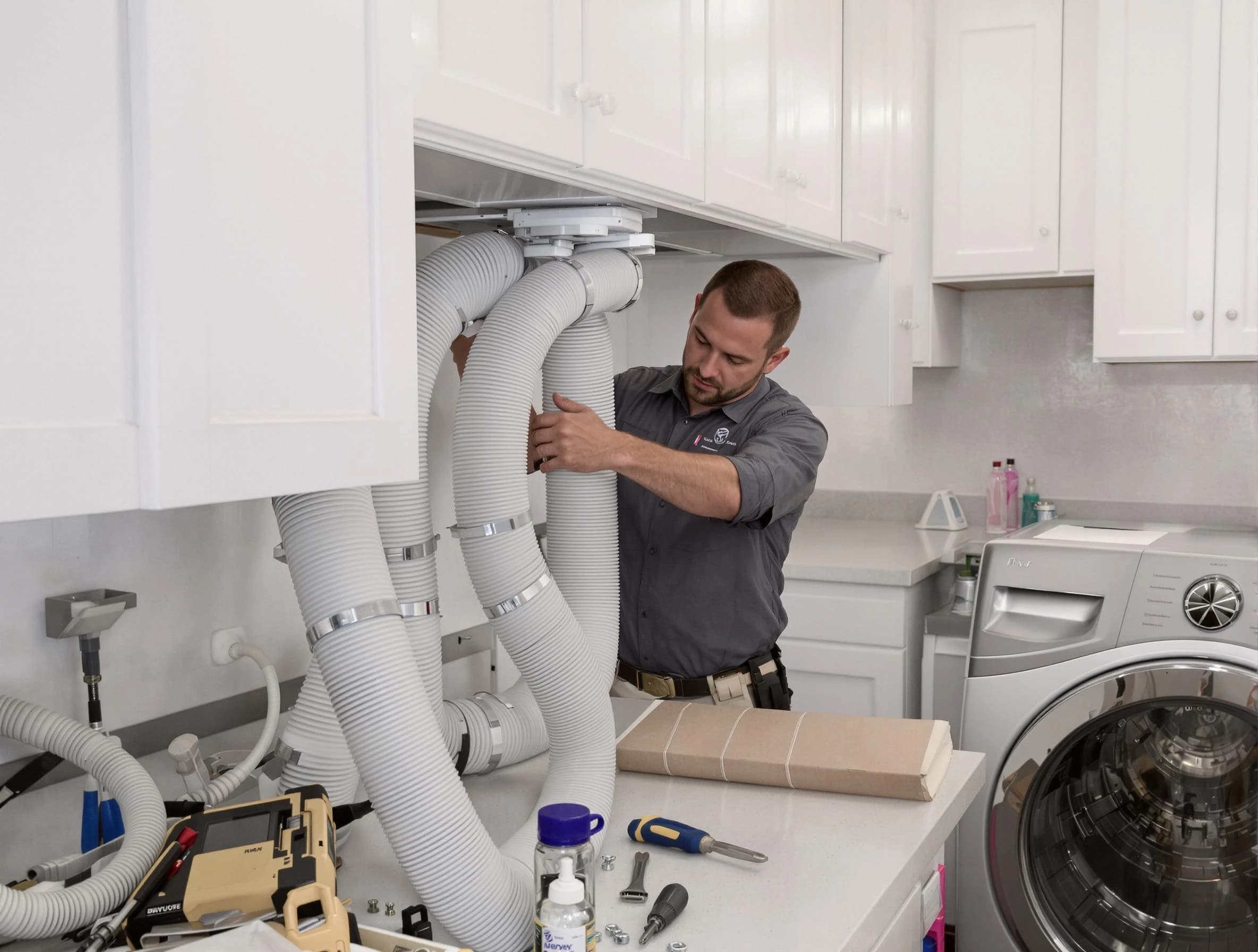 Brentwood Dryer Vent Cleaning technician installing a new professional-grade dryer vent hose in Brentwood